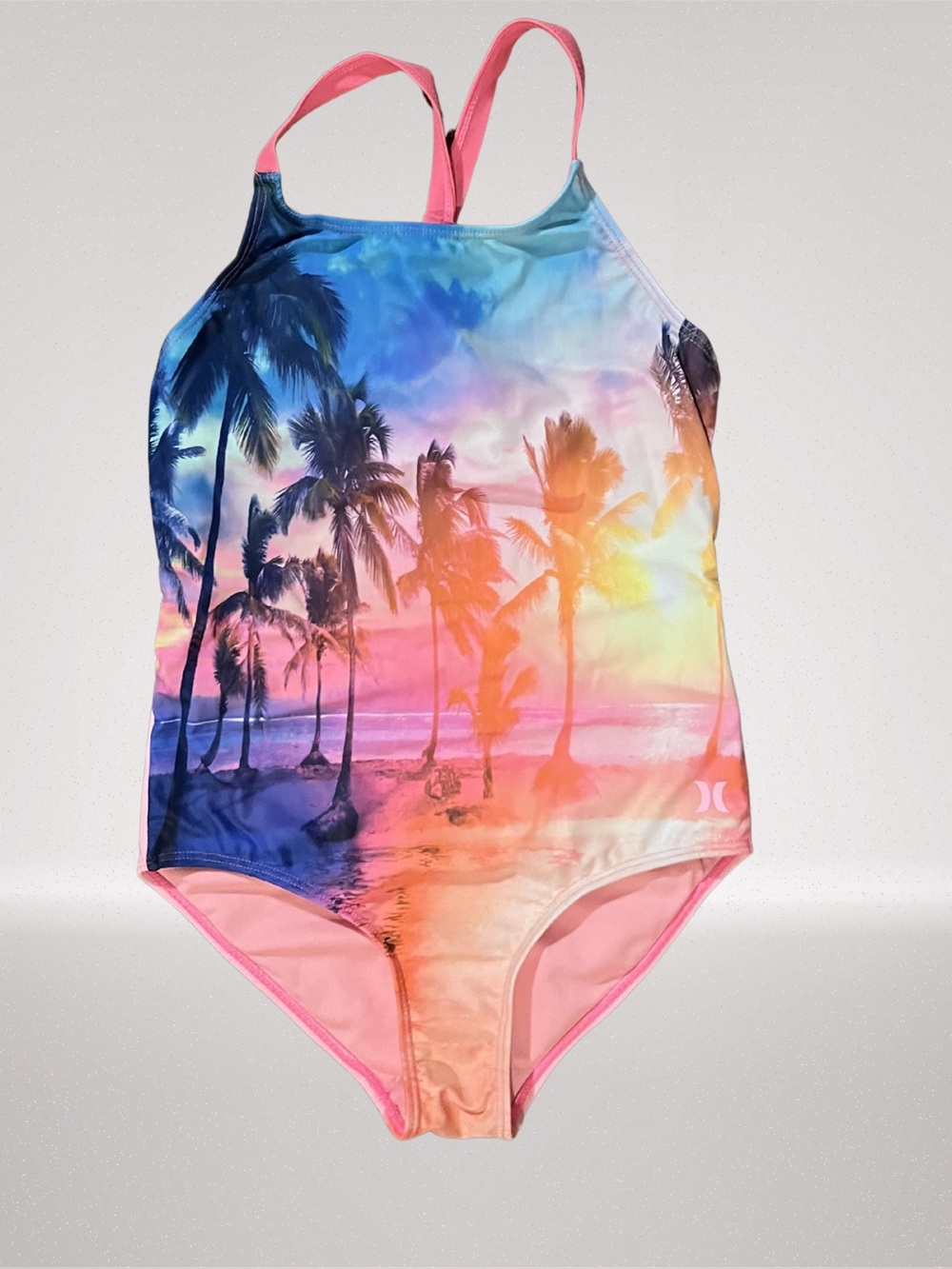 Hurley Girls One Piece Swimsuit Size 10/12 Tropical Palm Tree Sunset UPF 50+